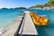 jetty for pleasure boats in the crystal-clear bathing area of â€‹â€‹Bora Bora beach in Ksamil, Albania.