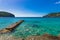 Jetty at seaside of bay Camp de Mar on Mallorca island, Spain