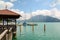 Jetty in Unterach at lake Attersee in austrian alps near Salzburg, Austria