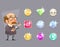 Jeweler Valuer Appraiser Quality Check Process Icon Set Retro Cartoon Design Mobile game Vector Illustration