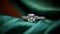 Jewellery, proposal and holiday gift, diamond engagement ring on green silk fabric, symbol of love, romance and commitment