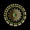 Jewelry floral round greek mandala pattern. Ornate gold flowers. Green emerald gemstone decor. Greek key meanders ancient ornament
