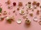 Jewelry gold  white pearl Luxury Glamour fashion  costume jewelry,  rings earrings bracelet with   pink  flowers  and seashell  l