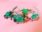 Jewelry  green emerald silver pink opal costume jewelry for women on living coral background