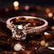 Jewelry ring with precious stones on black background with bokeh