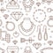 Jewelry seamless pattern, line illustration. Vector icons of jewels accessories - gold engagement rings, diamond, pearl
