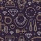 Jewelry seamless pattern, line illustration. Vector icons of jewels accessories - gold engagement rings, diamond, pearl