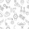 Jewelry seamless pattern, vector background, black and white monochrome illustration. Contour decoration items on a white backdrop