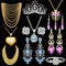jewelry set with a chain with a pendant, earrings, necklace and tiara  with multi-colored precious stones, beads