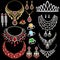 jewelry set with a chain with a pendant, earrings, necklace and tiara  with multi-colored precious stones, beads