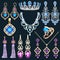 jewelry set with a chain with a pendant, earrings, necklace and tiara and rings with multi-colored precious