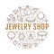 Jewelry shop, diamond accessories banner illustration. Vector line icon of jewels - gold engagement rings, gem earrings