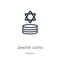 Jewish coins icon. Thin linear jewish coins outline icon isolated on white background from religion collection. Line vector jewish