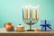 Jewish holiday Hanukkah background with menorah, sufganiyot, gif