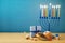 Jewish holiday Hanukkah background with menorah, sufganiyot, gif
