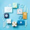 Jewish holiday Hanukkah concept - Gift boxes, stars of David and white candles on blue paper background