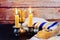 jewish holiday Hanukkah Festive composition for on dark background