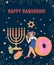 Jewish holiday Hanukkah greeting card template with child girl, flat vector