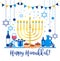 Jewish holiday Hanukkah greeting card traditional Chanukah symbols - wooden dreidels spinning top , Hebrew letters