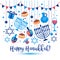 Jewish holiday Hanukkah greeting card traditional Chanukah symbols - wooden dreidels spinning top , Hebrew letters