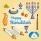 Jewish holiday Hanukkah greeting card. Traditional menora, candle, cup of wine, hat, jug of oil, dreidel with Hebrew