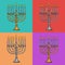 Jewish holiday Hanukkah greeting cards. Traditional Chanukah symbols - menorah candles, star David glowing light