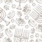 Jewish holiday Hanukkah seamless pattern. Set of traditional Chanukah symbols isolated on white - dreidels, sweets