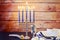 Jewish holiday HanukkahBeautiful Chanukah decorations in blue and silver with gifts
