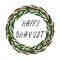 Jewish Holiday Happy Shavuot Card. Wreath Wheat Spikelets, Bay Green Leaf. Hand Written Text. Round Wreath of Malt, Space for Text