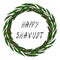 Jewish Holiday Happy Shavuot Card. Wreath Wheat Spikelets, Bay Green Leaf. Hand Written Text. Round Wreath of Malt, Space for Text