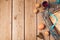 Jewish holiday Passover concept with matzah, seder plate and wine on wooden background.