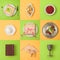Jewish holiday Passover concept with matzo, seder plate and traditinal dishes