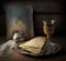 Jewish holiday Passover unleavened matzah bread and cup of kosher kiddush wine AI Generative.