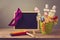 Jewish holiday Purim background with chalkboard and gifts