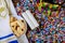 Jewish holiday Purim with carnival mask and hamantaschen cookies. Flat lay