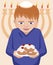 Jewish kid with sufganiyot, hanukkah greetings