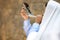 Jewish man in tallit blowing shofar. Rosh Hashanah celebration