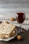 Jewish Matzah bread with wine for Passover holiday