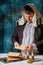 Jewish men is blessing on Matzah unleavened bread