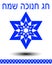 Jewish motif on Hannukah card, blue patterned David star with shadow on white background, hebrew inscription Chag Hannukah sameach