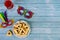 Jewish purim party table with wine and cookie