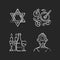 Jewish symbolism chalk white icons set on black background