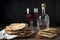 Jewish traditional matzah bread and red wine on a black background, Passover, Generative AI 1