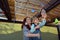 Jewish woman and child decorating their family Sukkah