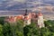 Jezeri Castle with Czechoslovak army coal mine in background, Horni Jiretin, Most district, Ustecky region, Czech Republic