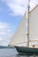 Jib, Foresail and Wooden Mast of Schooner Sailboat