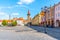 JICIN, CZECH REPUBLIC - SEPTEMBER 28, 2018: Colorful renaissance houses and Valdice Gate at Wallenstein Square in Jicin