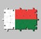 Jigsaw puzzle of Madagascar flag in two horizontal bands of red and green with a white vertical band on the hoist side.