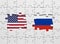 Jigsaw puzzle with the national flags of United States of America and Russia. International conflict and power struggle
