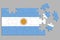 A jigsaw puzzle with a print of the flag of Argentina,, some pieces of the puzzle are scattered or disconnected. Isolated